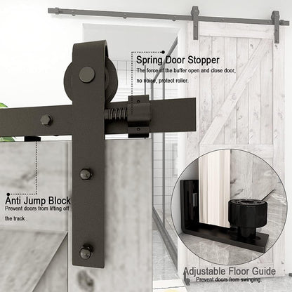 TSMST 228 cm Schiene für Schiebetüren, Schwarz und Rustikal, Zubehör-Set mit Bodenführung, verstellbar, für Einzeltür