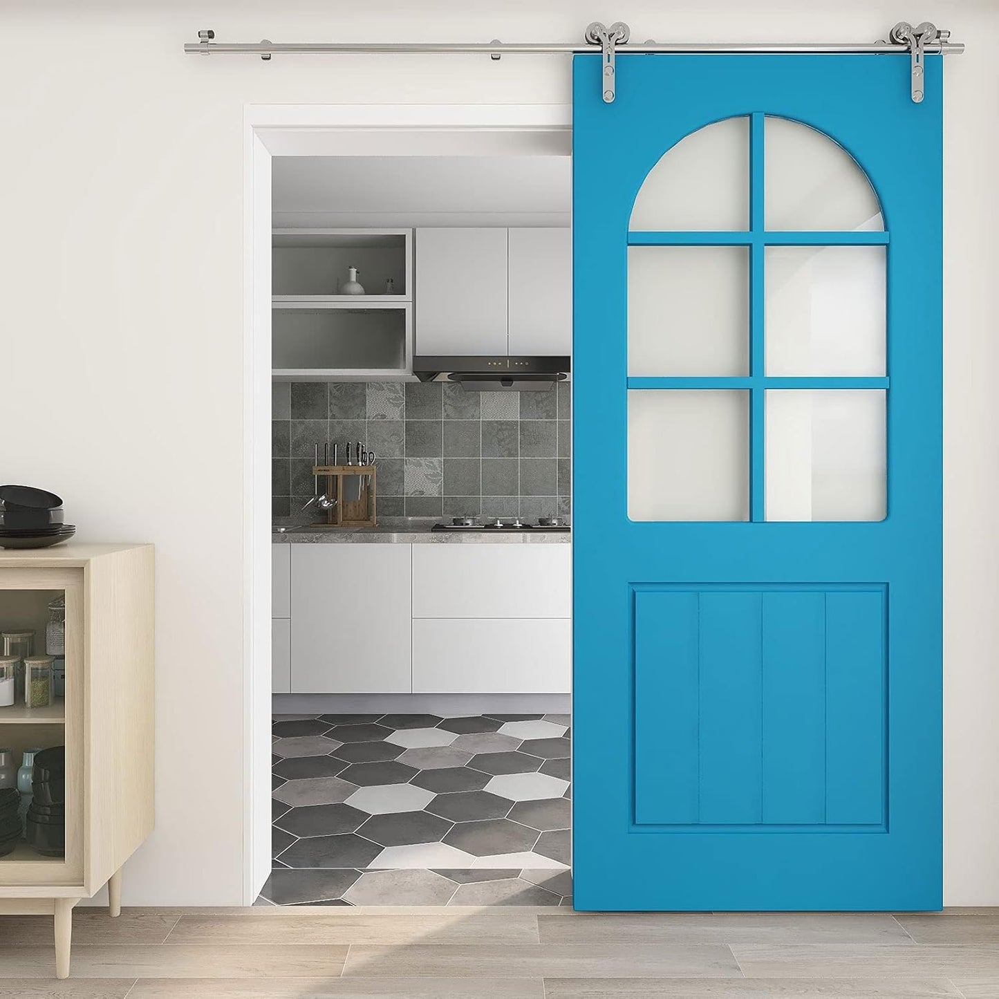 TSMST 200cm/6.6ft Edelstahl Laufschiene Schiebetürbeschlag für Einzelne Holztüren, Reibungslos und Leise (Y-Form-Aufhänger)