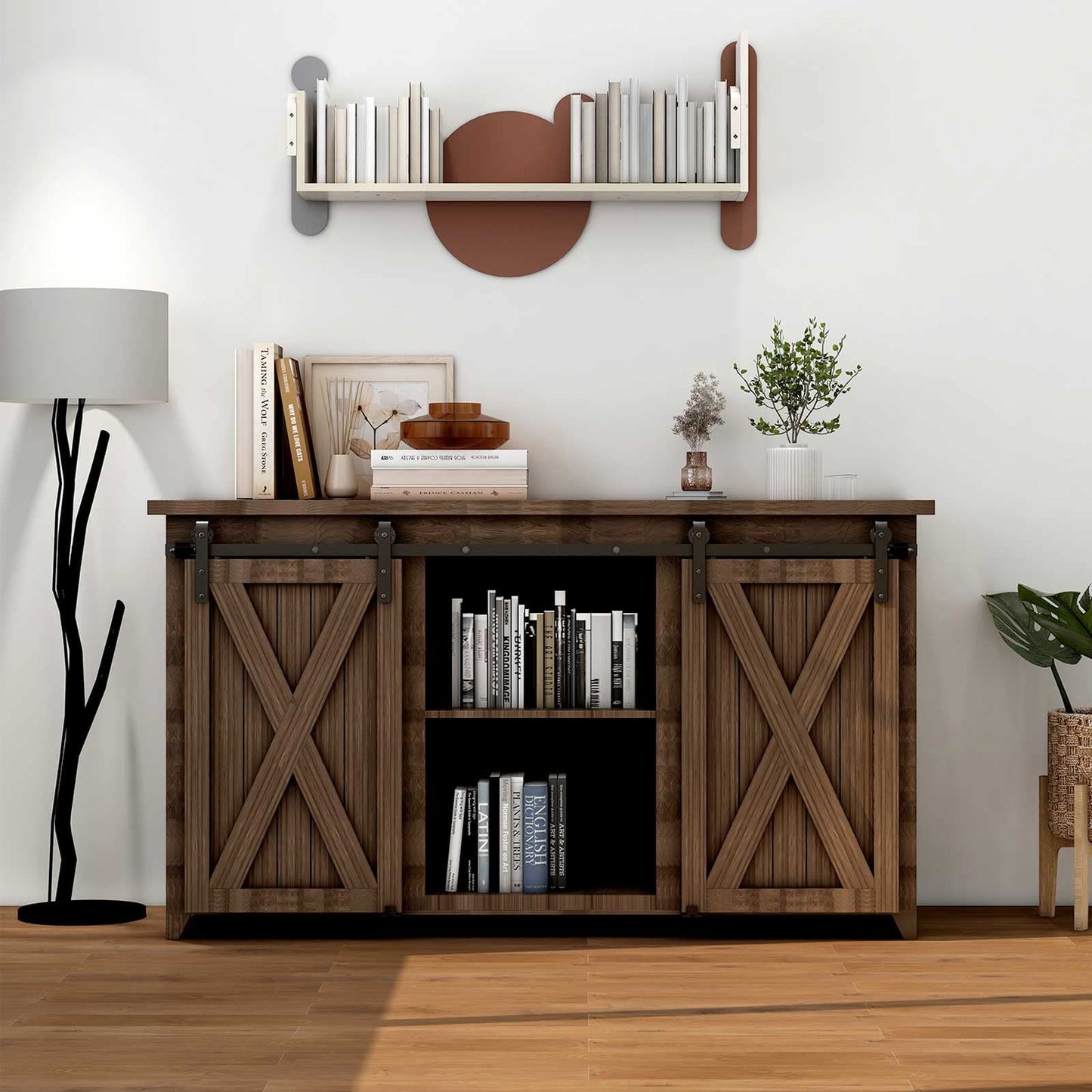 TSMST 4FT/122CM Cabinet Mini Sliding Barn Door Hardware Kit, Double Barn Door Track Set, Apply for Storage Window TV Stand ,J Shape(No Cabinet)