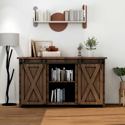 TSMST 4FT/122CM Cabinet Mini Sliding Barn Door Hardware Kit, Double Barn Door Track Set, Apply for Storage Window TV Stand ,J Shape(No Cabinet)