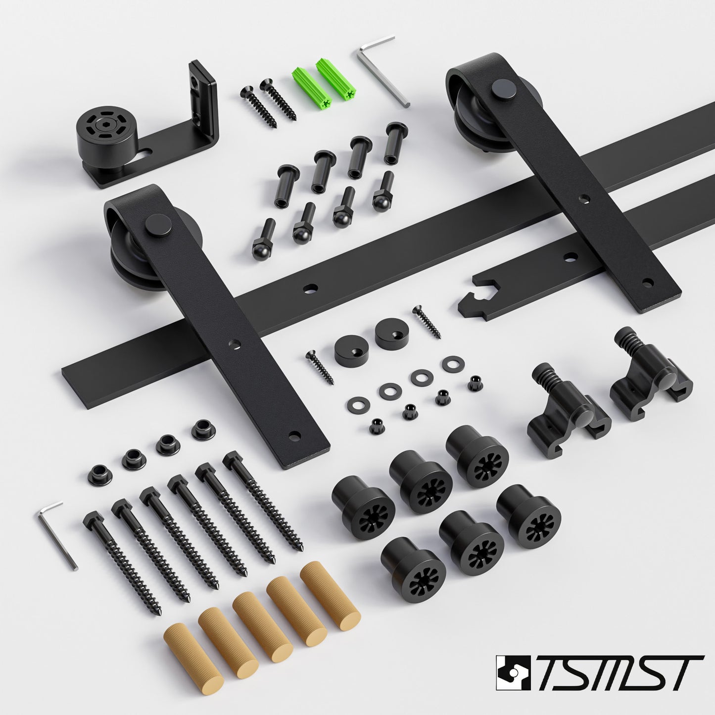 TSMST 243cm Schiebetürsystem Komplett-Set für Schiebetüren mit Bodenführung Schwarz Schienen-Kit Passend für eine einzelne Holztür, J-Form