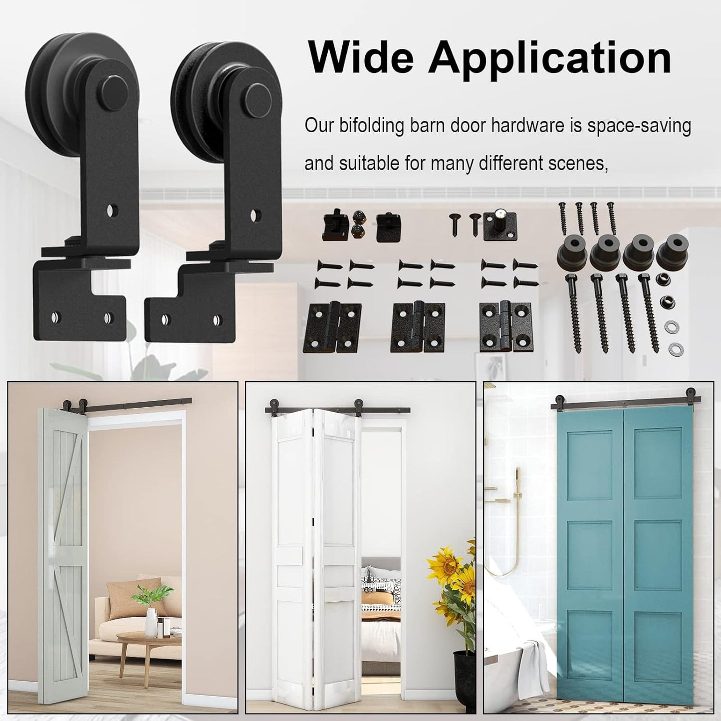 TSMST 76.3cm/2.5ft Bi-Falte Schiebetürsystem Komplett-Set,Platzsparende Scheunentür Spur Set für 2 Türen,Glatt und Ruhig T-Form(keine Tür)